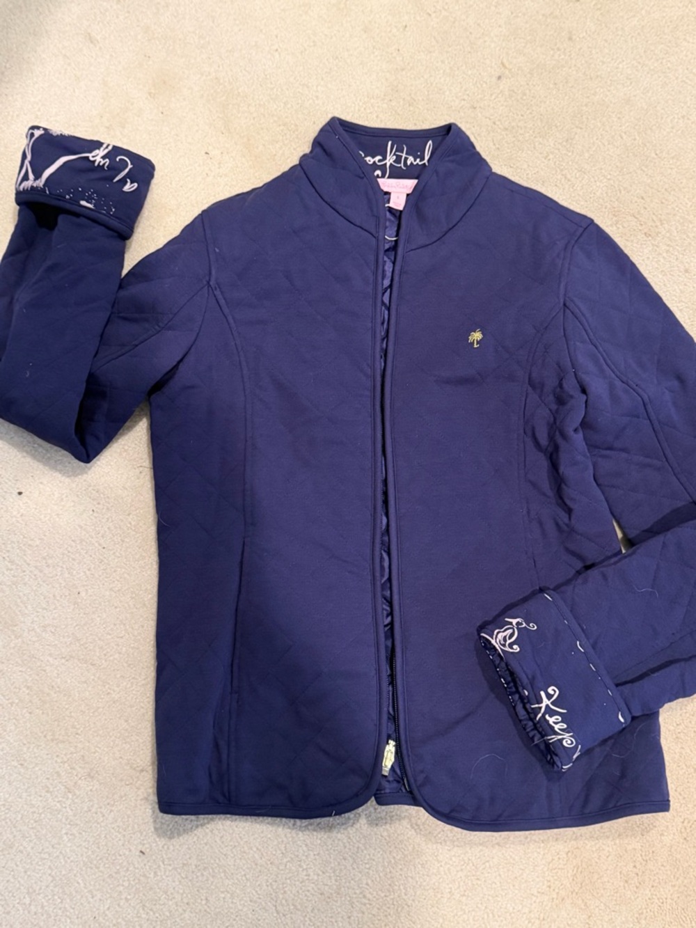 Lily Pulitzer Navy Quilted Zip Jacket with Embroidered Palm Sz Small